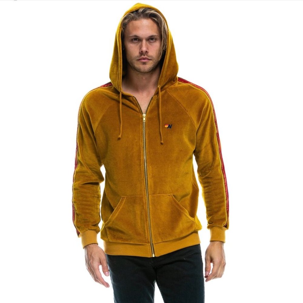 Aviator Nation Classic Gold Velvet Zip Hoodie M